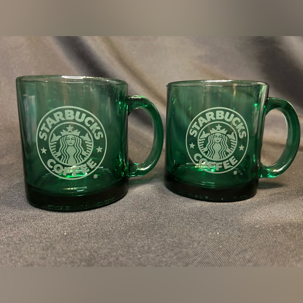 Vintage Starbucks Dark Green Glass Mug Made in USA Etched Logo 12oz - Set of 2